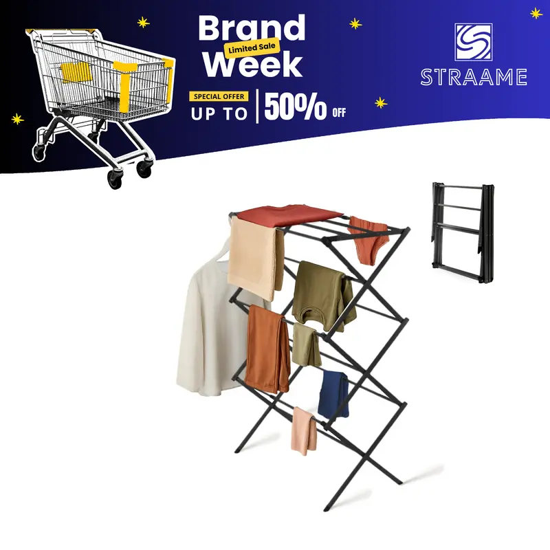 Straame 3段伸縮式物干しスタンド、7.5mのX字型ラック、耐荷重10kg、さびにくいフレーム、11本のバー、滑りにくい脚・コーナーフック付き、厚さ9cmに折りたたんで屋内外に収納可能