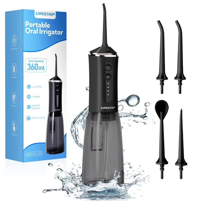 휴대용 충전식 구강세정기 | 360ml 대용량 물통·노즐 4개, 일상·여행용, 크리스마스 선물 추천
