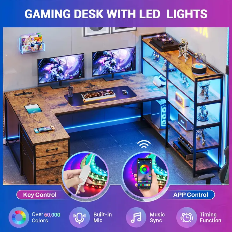 Sedeta 64.5in L-Shaped Gaming Desk with RGB LED Lights, Adjustable Arm and Storage