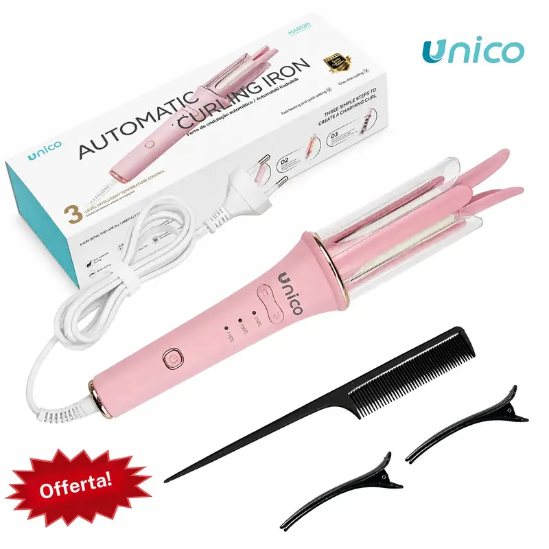 Boucleur automatique UNICO 25 mm, technologie ionique anti-frisottis, protection anti-brûlure, température réglable 170–210 °C, avec peigne et 2 pinces