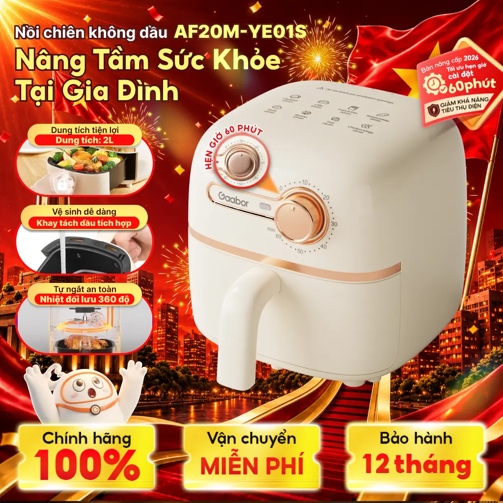 Gaabor | Nồi chiên không dầu Gaabor AF20M-YE01S dung tích 2l công suất 900w nóng nhanh nhỏ gọn xịn xò nấu ăn dùng cho 1 người cooker nướng lò nướng air fryer đa năng bao deal ngan h hang