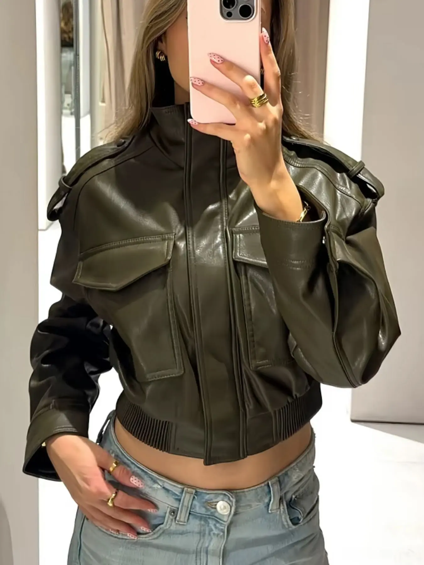 Women's Olive Green Faux Leather Bomber and Moto Jacket, Short Streetwear Style with Stand Collar and Flap Pockets