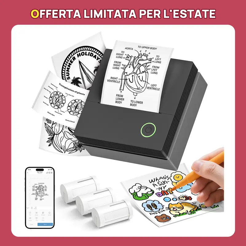 Impressora portátil com IA PM290C, impressora térmica sem fio recarregável via USB com papel incluso, para fotos, anotações de estudo, listas e muito mais — impressora portátil versátil e presente criativo de Dia dos Namorados para imprimir fotos