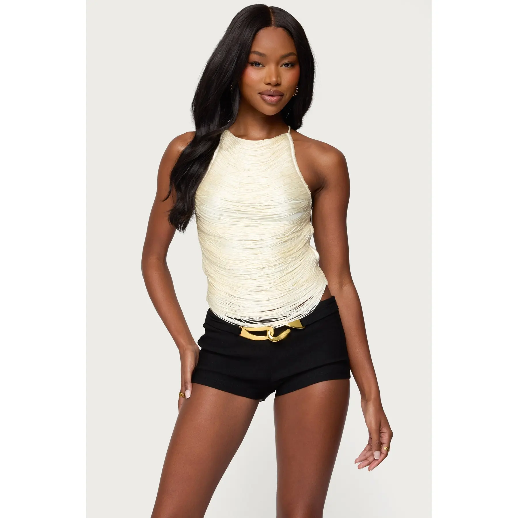 Kalana Crisscross Backless Fringed Top