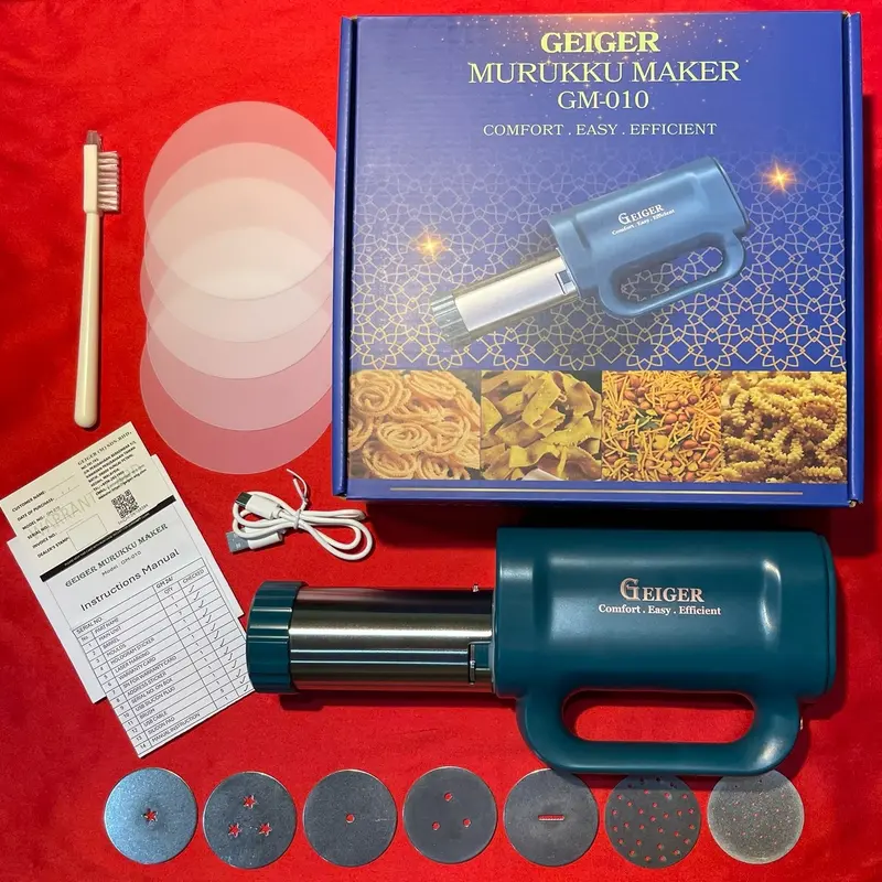 Máquina recarregável GEIGER para fazer murukku, com estrutura de aço inoxidável e misturador