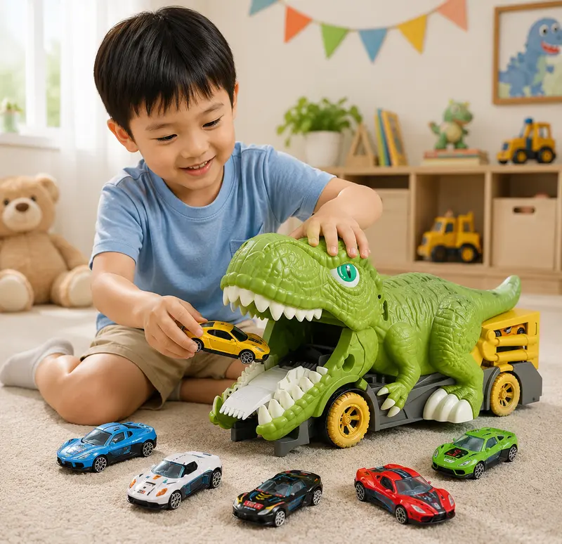 Dinosaur Toy Set with 6 Die-Cast Cars and Durable ABS Plastic Dinosaur