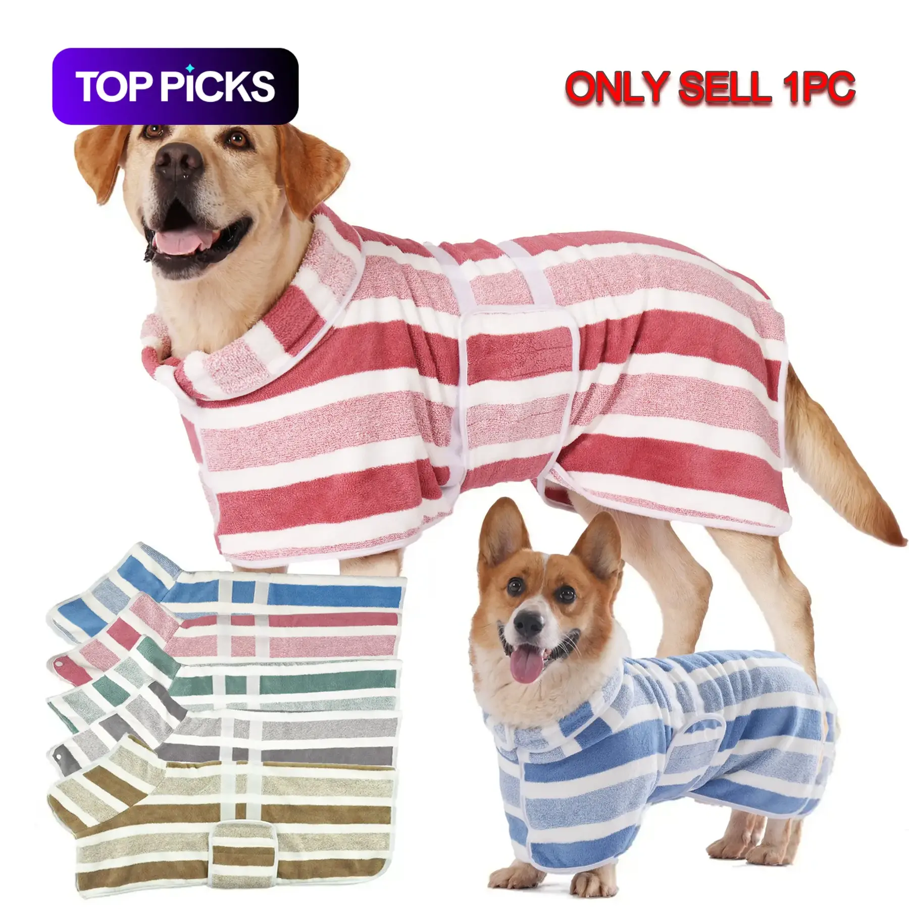Bata de secado rápido para perros, bata de baño a rayas de 1 pieza con banda abdominal ajustable, tejido suave superabsorbente y lavable a máquina #TOP PICKS