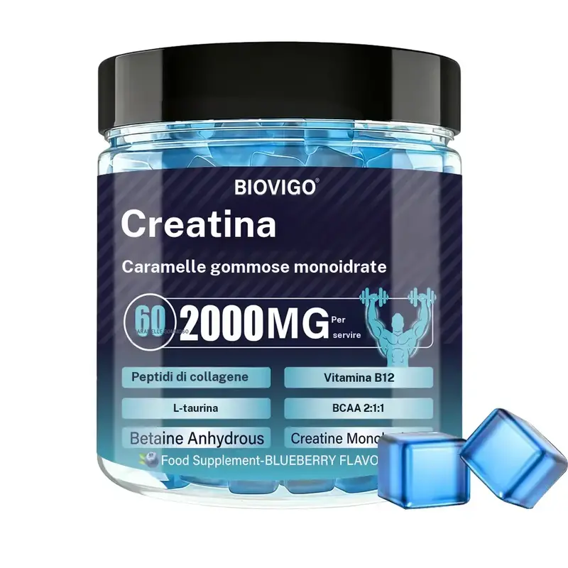 Gommes BIOVIGO au monohydrate de créatine, 2000 mg par portion, avec peptides de collagène, vitamine B12, L-taurine, BCAA 2:1:1 et bétaïne anhydre, goût myrtille