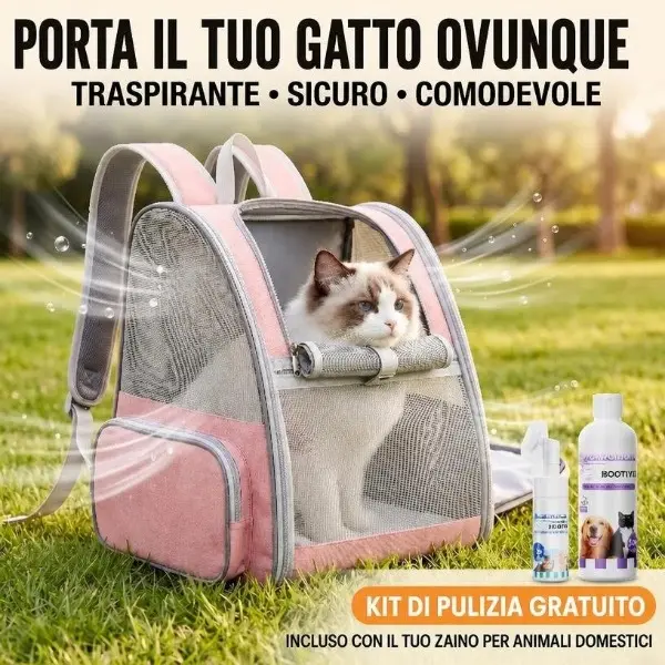 Mochila transportadora respirável para gatos e cães pequenos com tela ventilada, kit de higiene com shampoo de lavanda 500 ml e espuma limpa-patas 150 ml, leve e resistente para viagens de avião, carro, passeios e piqueniques
