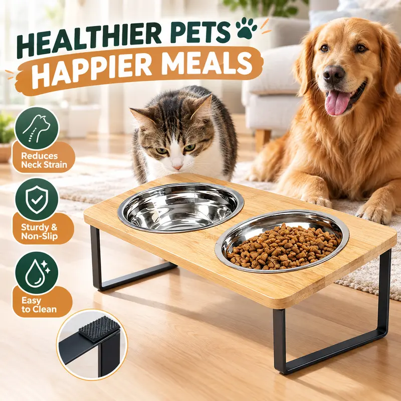 Comedouro elevado de bambu para gatos e cães pequenos, com 2 tigelas removíveis de aço inox inclinadas a 15°, antiderrapante e fácil de limpar