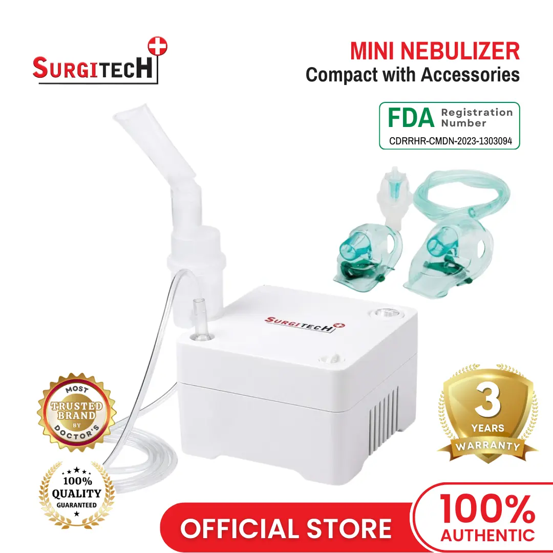 Nebulizador mini Surgitech, resistente, duradero y compacto, con accesorios