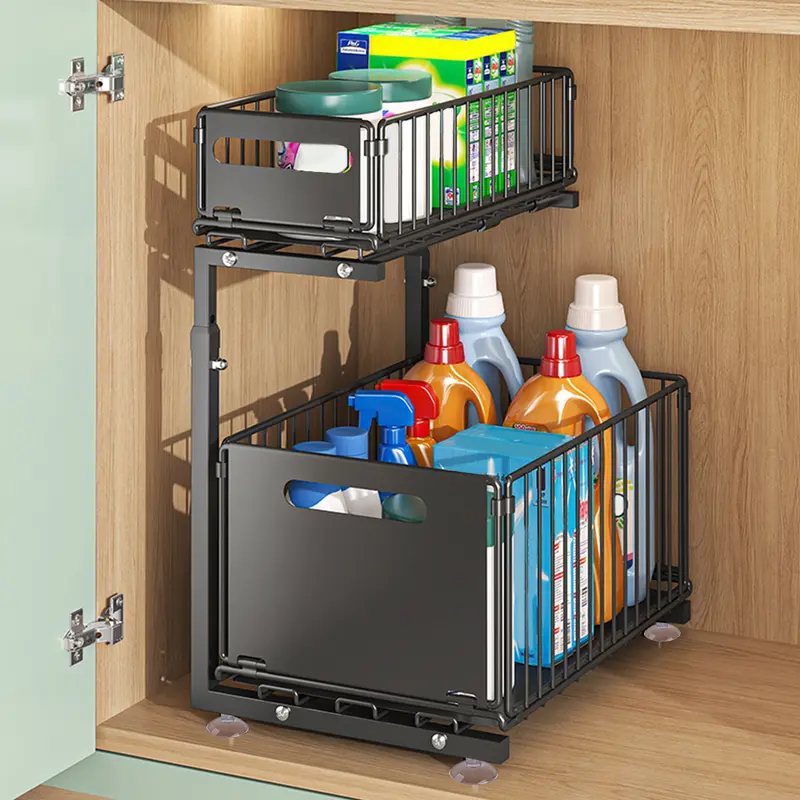 2-stufiges Unterspülenregal aus Metall, Organizer für den Schrank unter Waschbecken oder Spüle, höhenverstellbares Küchen- und Badregal mit Gewürzhalter