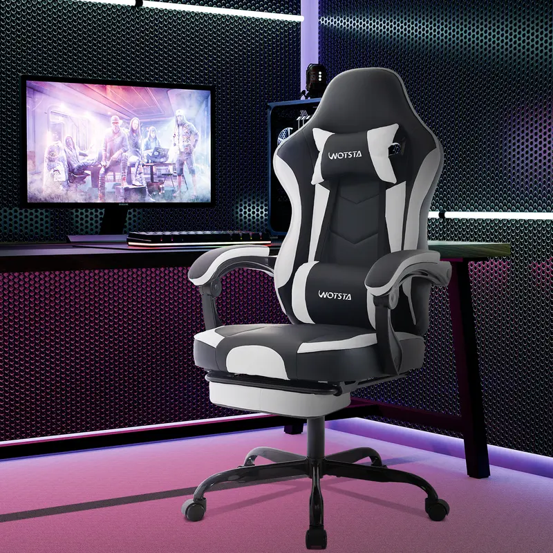 WOTSTA Gaming Stuhl, Gamer Stuhl, Atmungsaktiver Bürostuhl aus Hochwertigem Stoff,Ergonomischer Gaming Stuhl,Höhenverstellbar 360° drehbar, mit Fußpedalen, schwarzer Gaming Stuhl