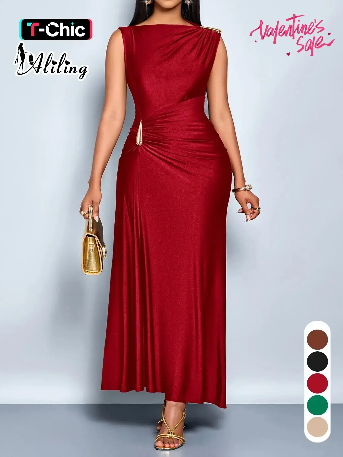 Aliling Elegant Chic Sleeveless Midi Dress for Women High Waist Folds Boat Neck Bodycon Fitted Solid Female Evening Wear Formal Sexy Clothing Perfect for Party and Dates