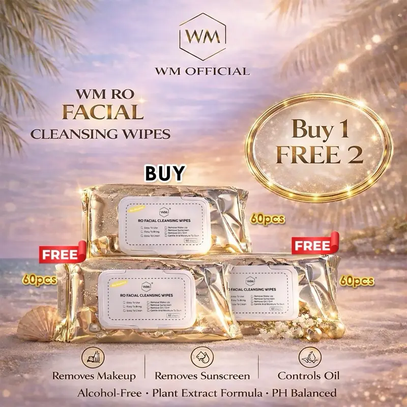 WM RO Facial Cleansing Wipes for Sunscreen and Makeup Removal, Buy 1 Get 2 Free, 60 Sheets per Pack, 180 Sheets Total