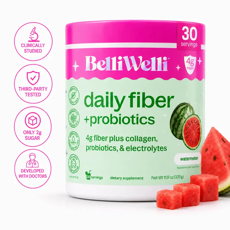 BelliWelli 4-in-1 Gut Health and GLP Support with Fibre, Collagen, Electrolytes and Probiotics, Watermelon, 30-Day Supply