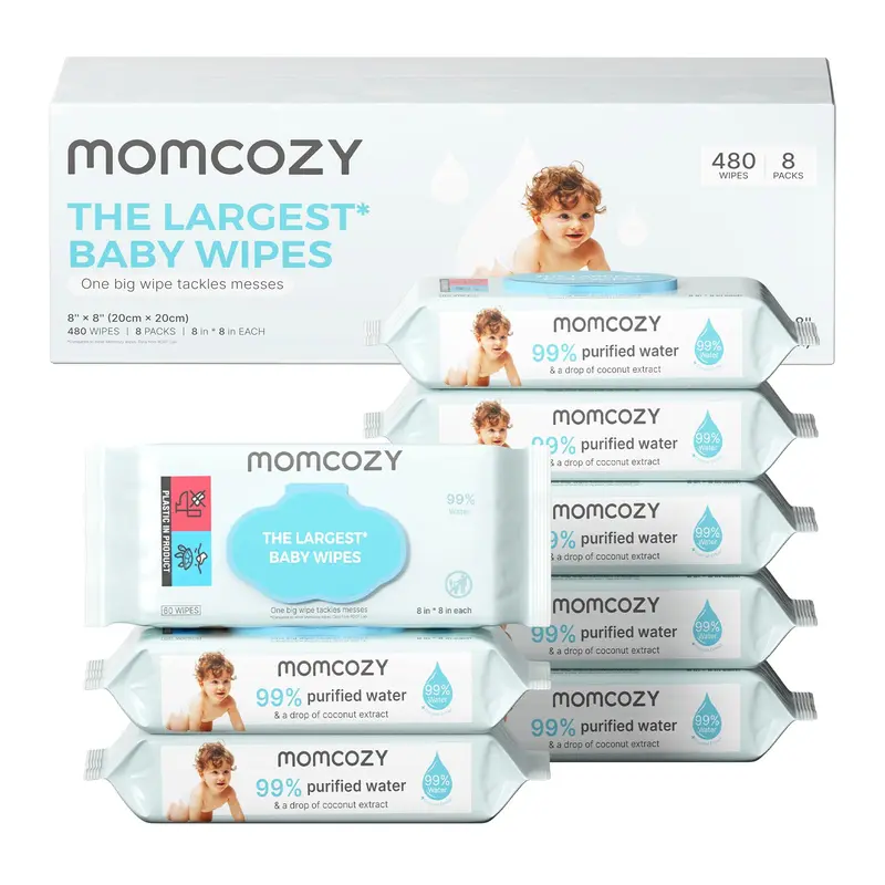 Momcozy Extra-Large Baby Wipes, 99% Water-Based, Fragrance-Free and Hypoallergenic, 8 or 12 Flip-Top Packs (480 or 720 Wipes Total)