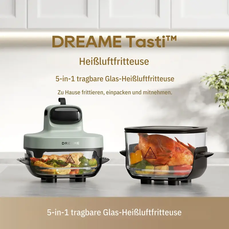 DREAME Tasti tragbarer 5 in 1 Glas Heißluftfritteuse, 2 Behälter (2,5 L + 4,5 L), 6 mm dickes Borosilikatglas, 3D zirkulierende Heißluft, spülmaschinengeeignet, 360° Sicht, abnehmbares Design