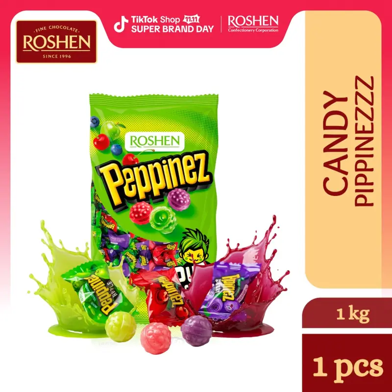 Kẹo chua ngọt trái cây Roshen Peppinezz Sour Candy 1kg, vị táo, berry và anh đào