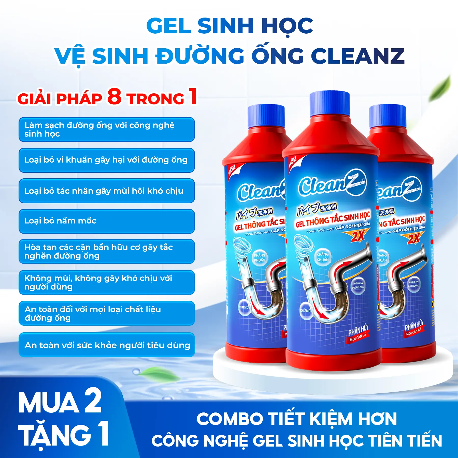 Gel biológico CLEANZ para desentupir e dissolver gordura, limpar tubulações, pias e lavatórios e neutralizar odores