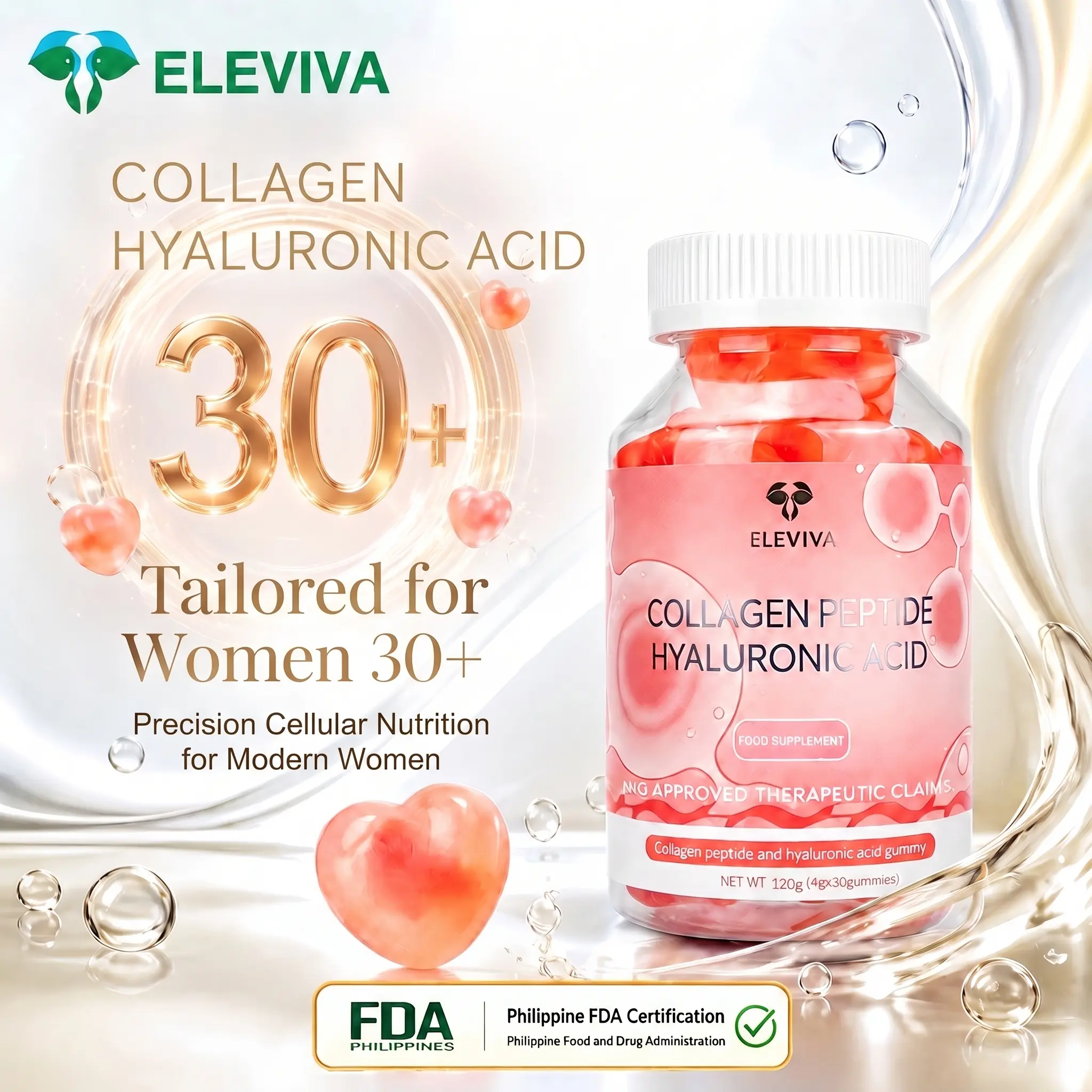 ELEVIVA Collagen-Peptid- und Hyaluronsäure-Gummis für Gesichtspflege, feuchtigkeitsspendend und aufhellend, 30 Stück pro Flasche, Eleviva Collagen Gummies