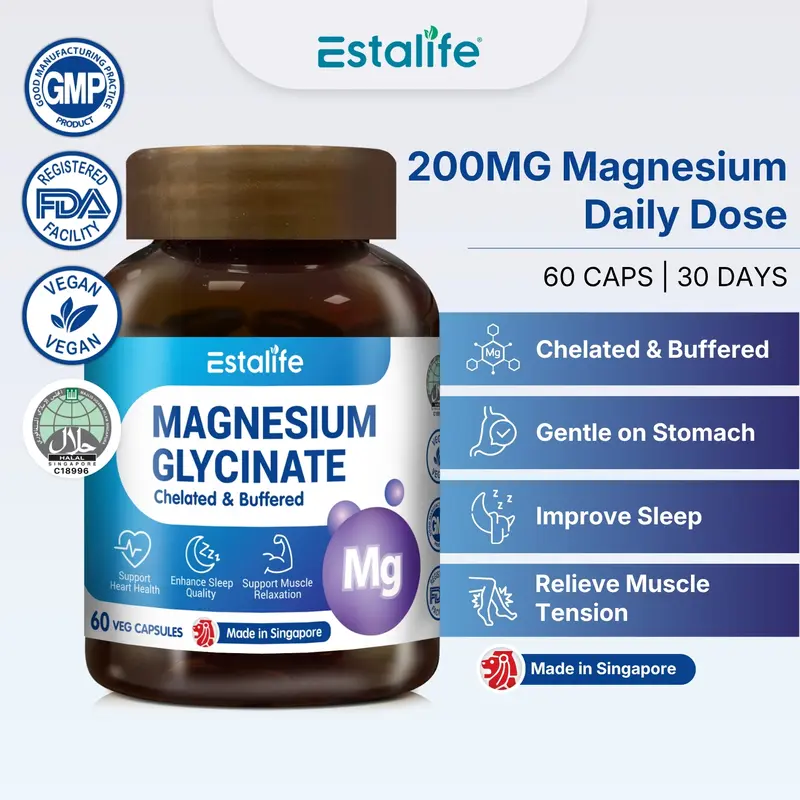 Estalife Magnesium Glycinate 1000MG | Heart, Bone, Muscle, Sleep, Mood Health | 60 Veg Caps Healthcare Supplement Fitness Dietary Edible
