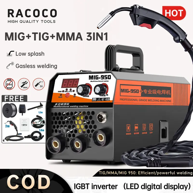 MIG-950 tragbares 3-in-1-Inverter-Schweißgerät für gasloses MIG-, MMA- und TIG-Schweißen, mit kostenlosem Schweißdraht, für Stahl