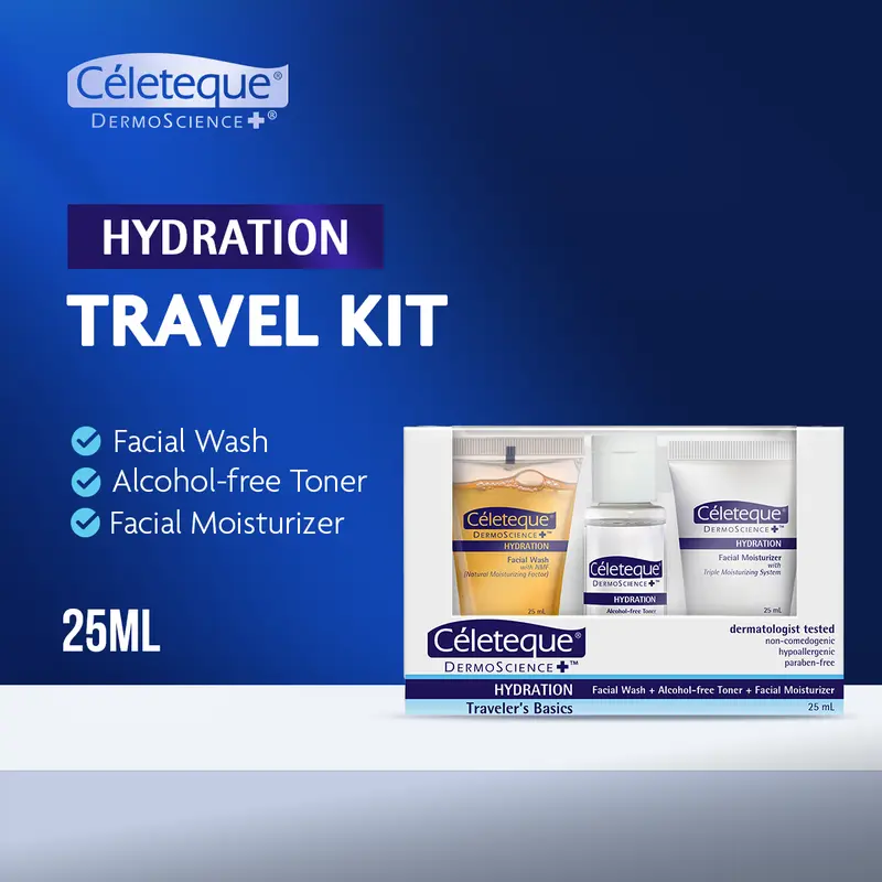 Céleteque DermoScience Hydration Travel Kit, Set Perawatan Kulit dengan Pembersih Wajah, Pelembap Lembut, dan Toner