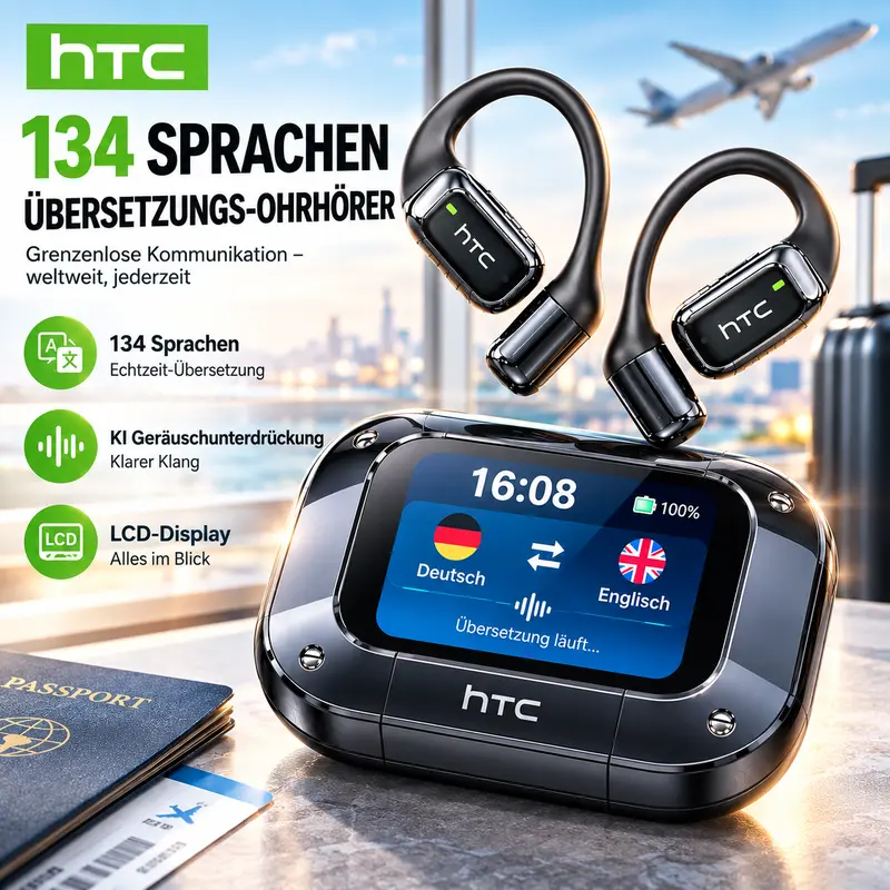HTC NE25 TWS AI Translation Earbuds, 134 Languages, Bluetooth 6.0, IPX5 Water-Resistant, LED Touch Controls, Built-In Microphone
