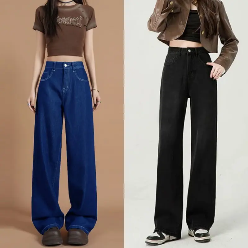 Muuv-It Jeans Women Denim Wide Leg Pant High Waist Washed Basics Straight Trousers Vintage Basic Streetwear Floor Length