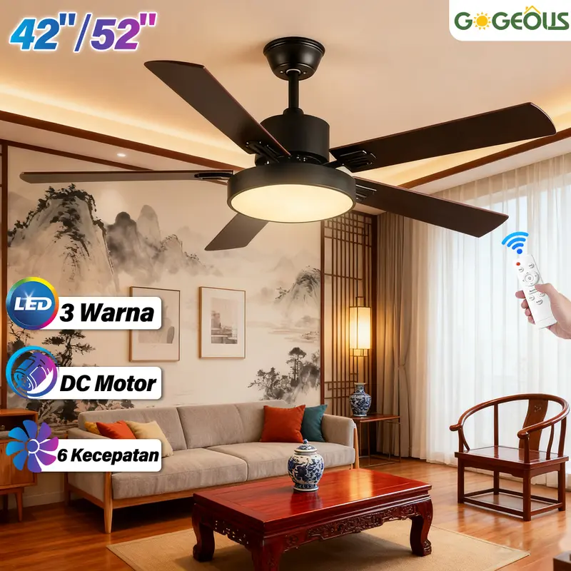 GOGEOUS Lampu Kipas Angin Gantung Retro 3 Warna Remote  Control Silent 52inci 3 Warna 6 Kecepatan Kipas Angin Gantung Plafon Hemat Energi Bisa Cod Live5
