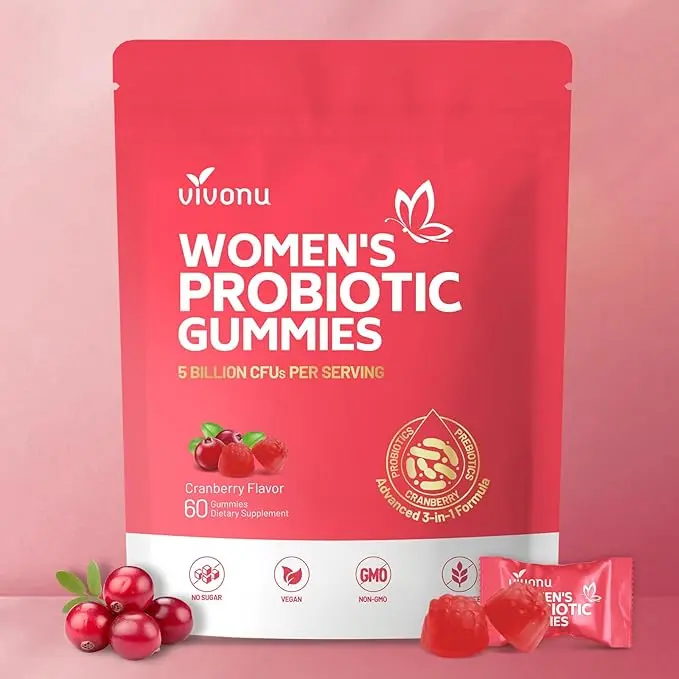 VivoNu Women's Probiotic Raspberry Gummies, 60 Vegan Sugar-Free Gummies, 5 Billion CFUs per Serving