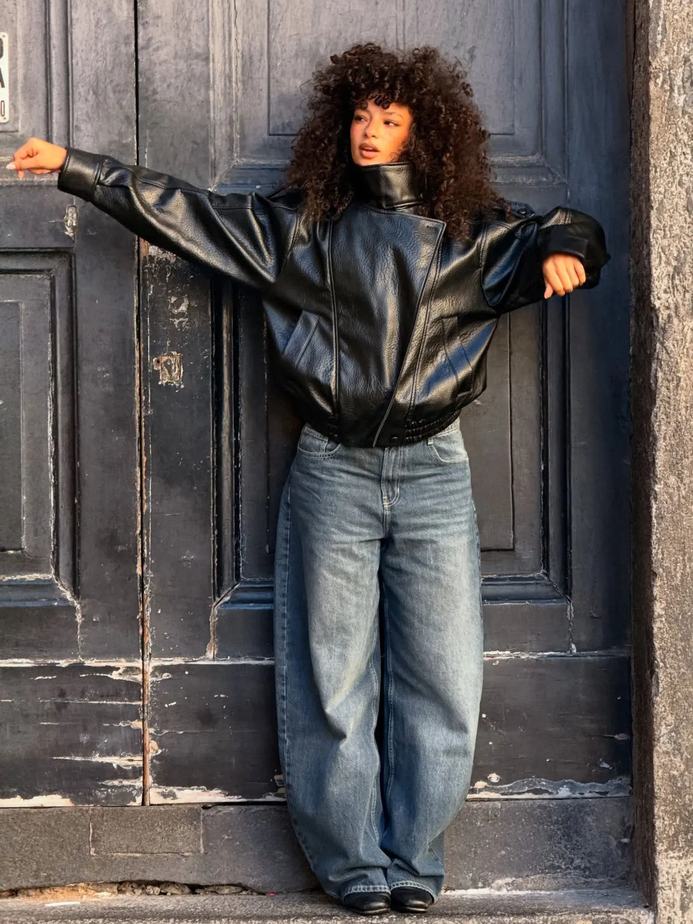 Black Faux Leather Jacket Stand Collar Oversized Elastic Streetwear Casual Long Sleeve Waterproof Windproof Outerwear for Spring & Fall, Ladies Clothes for Daily Wear Winter Coats for Women Overcoat Outerwears