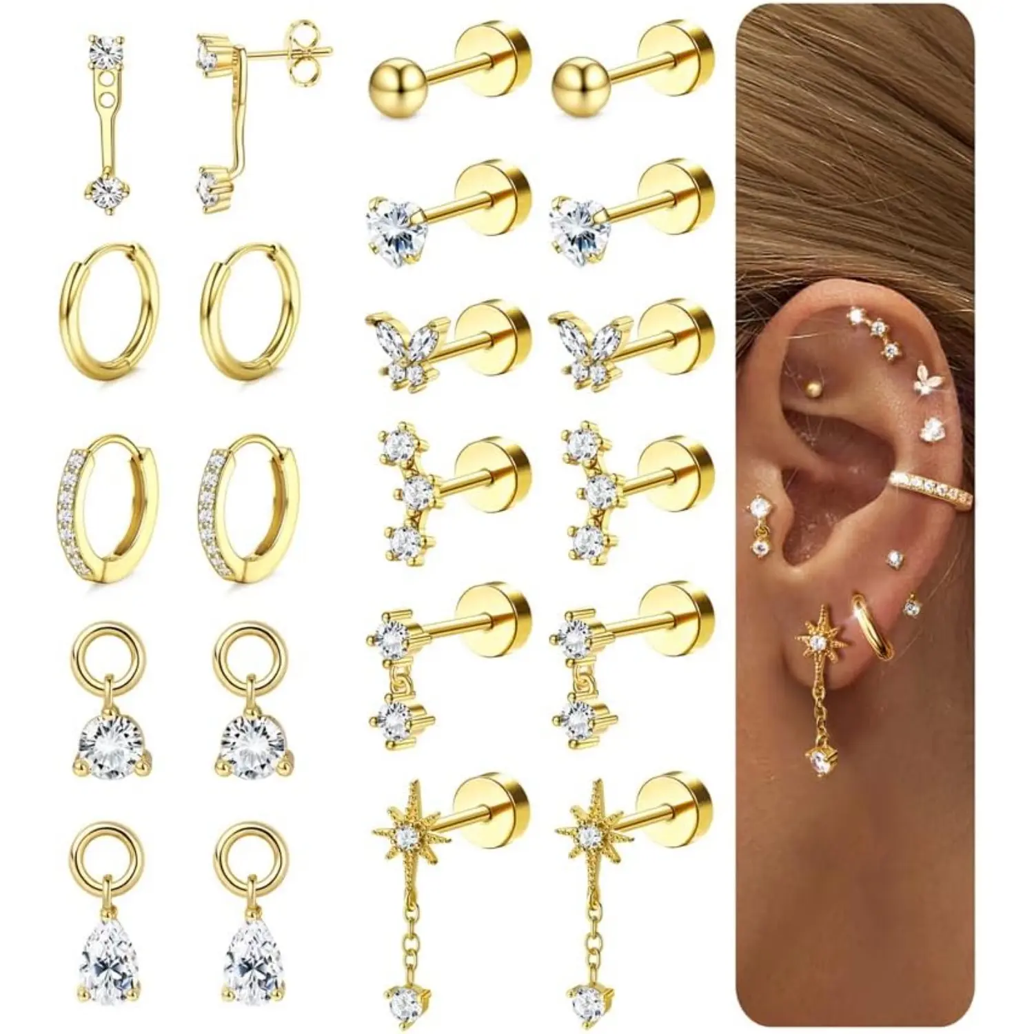 MILACOLATO Flatback-Ohrringe für Damen – hypoallergenes Ohrschmuck-Set aus 316L-Chirurgenstahl, 14K-vergoldete kleine Stecker und Creolen für Cartilage-, Tragus- und Helix-Piercings
