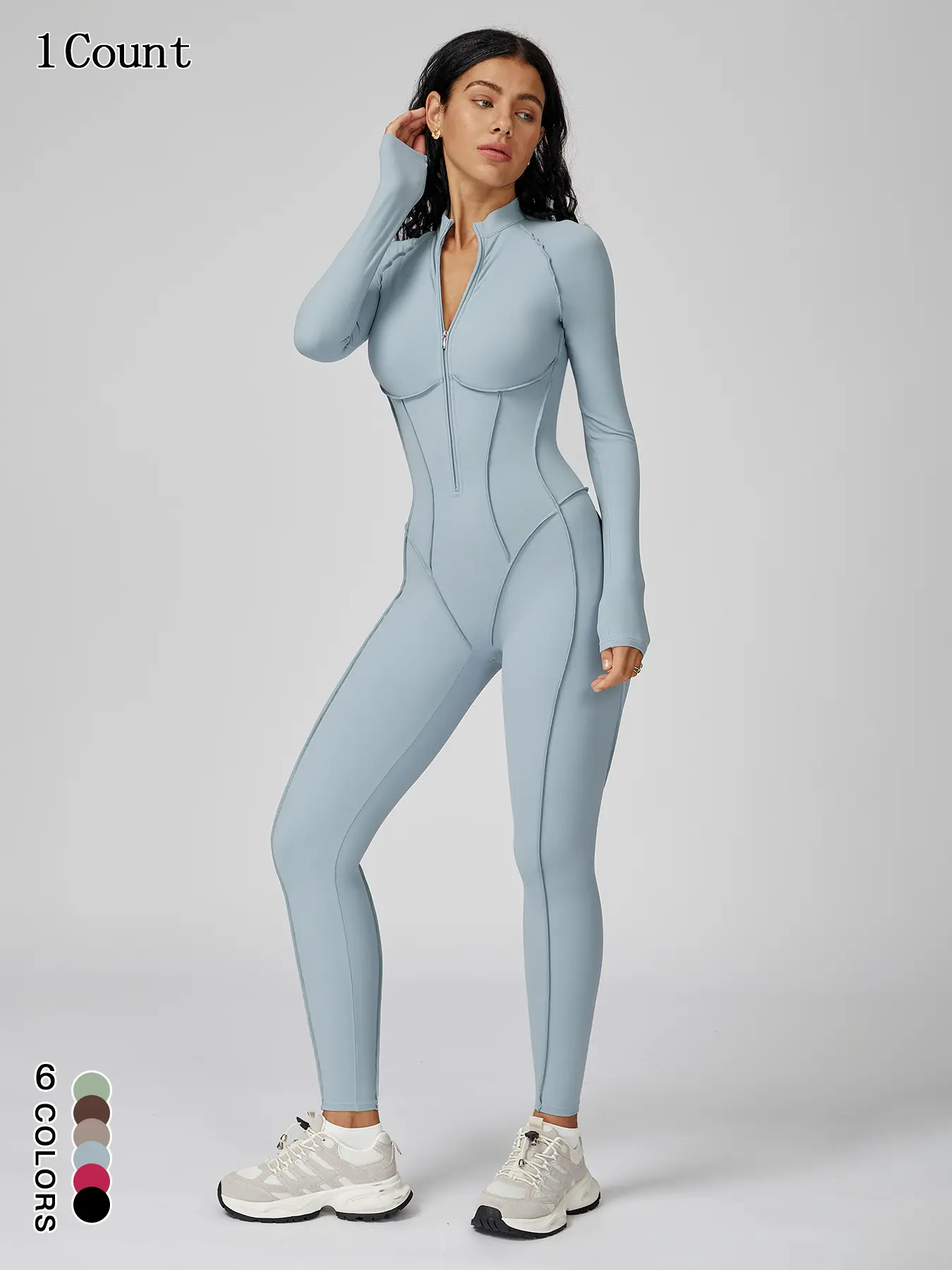 Women's Zipper Mock Neck Bodysuit, High Stretch Fitted Sports Jumpsuit, Casual Sporty Underwear for Women