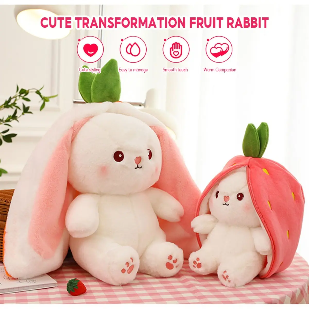 Peluche de conejo fresa 2 en 1, muñeco de orejas largas y almohada infantil, regalo creativo para niñas, novia o hija
