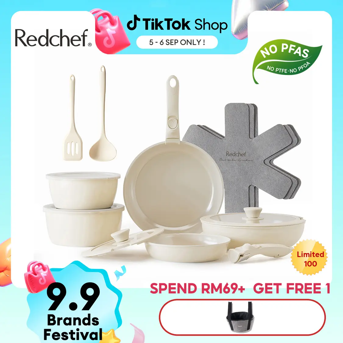 Redchef 16-Piece Nonstick Ceramic Rock Cookware Set with Removable Handles, PFAS-, PTFE- and PFOA-Free, for Gas, Electric and Induction Stoves