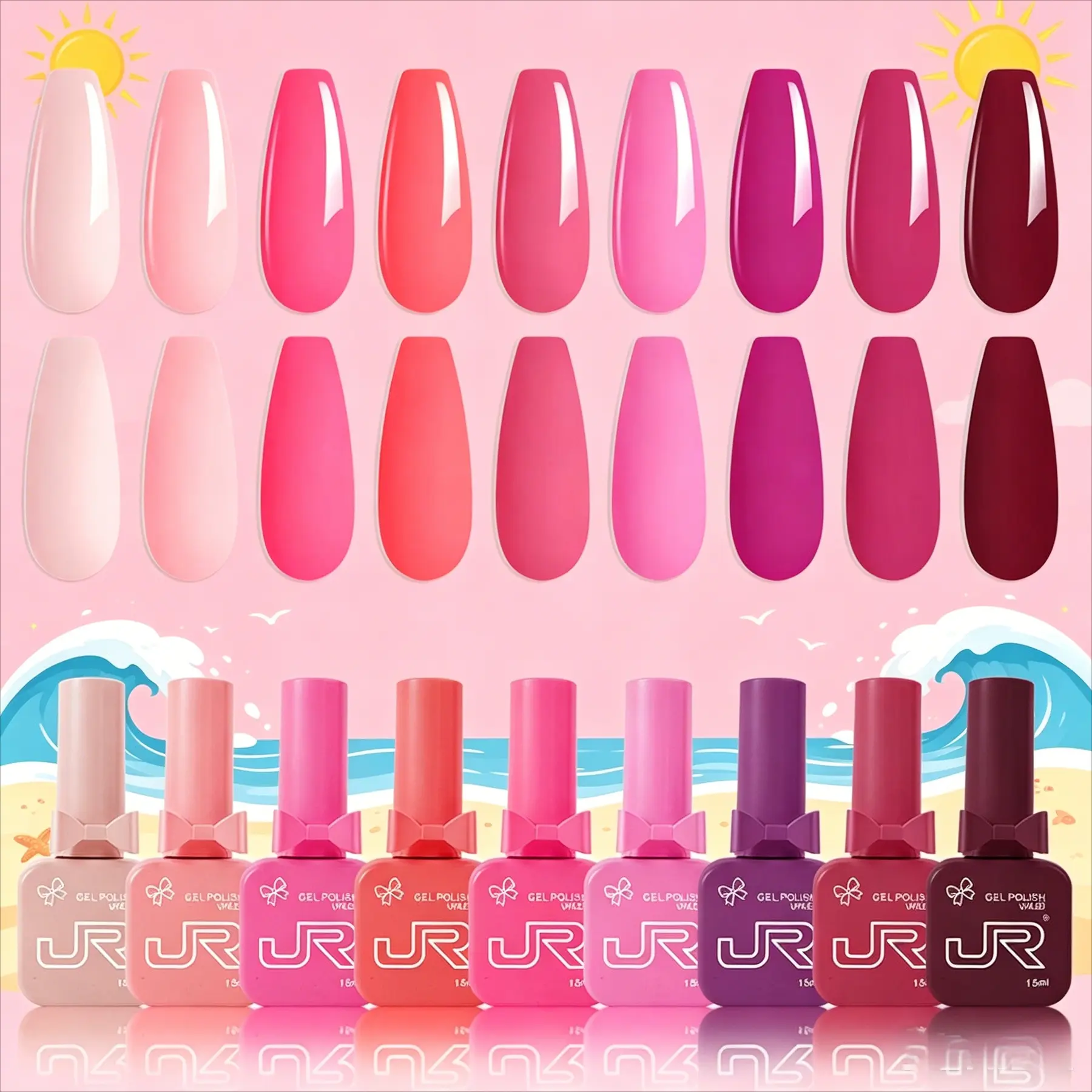 JR 9-Colour 15 ml Soak-Off Gel Nail Polish Kit for Beginners, UV/LED Cured
