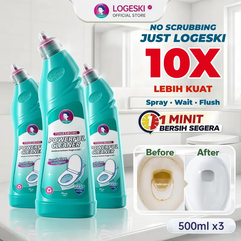 【LOGESKI】toiletbowlcleaner, powerfulcleaner, scrub-free toilet bowl cleaner, alkaline formula beralkali, membasmi kuman dan menghilangkan bau, 3 bottles