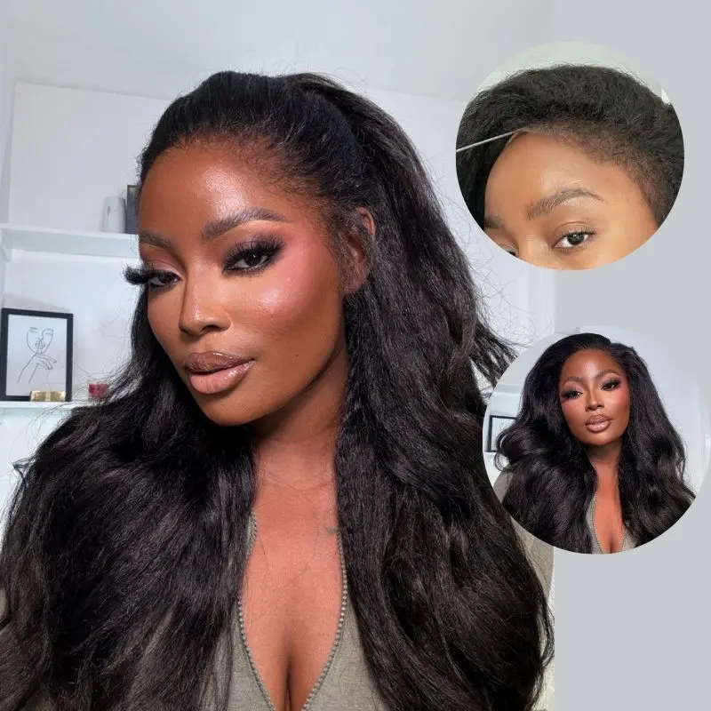 Peluca de cabello humano kinky straight con encaje frontal 360 Invisi Strap, sin pegamento, línea capilar de aspecto natural con cabellos nuevos, preparada de antemano