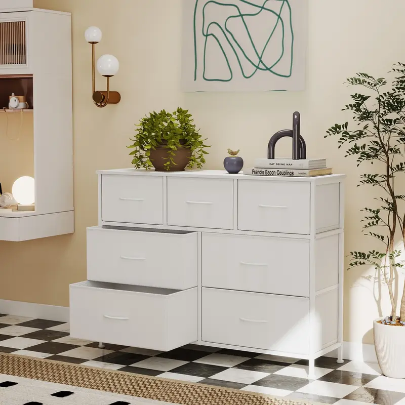 Tủ ngăn kéo SONGMICS BELLAH Collection, tủ lưu trữ cho phòng ngủ, hành lang, lối vào, phòng khách, khung thép, 7 ngăn kéo, phong cách hiện đại, trắng mây và trắng tuyết