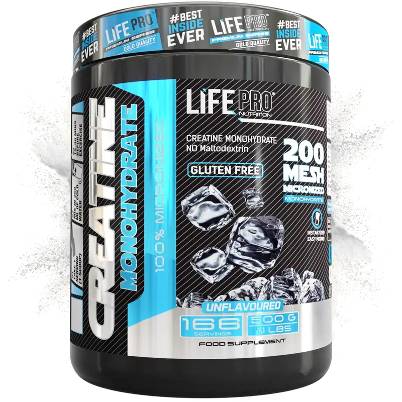 Life Pro Creatine Monohydrate 200 Mesh Micronized Bubuk 99,9% Murni untuk Latihan dan Performa Olahraga, 500 g