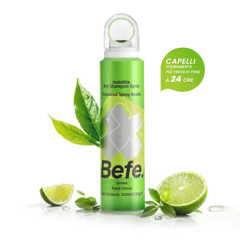Befe Dry Shampoo Spray 4.0, 200 ml, €7 per bottle, instant oil absorption, no white residue, all hair colours, gentle non-pore-clogging formula, 10 nozzles and lightweight volume