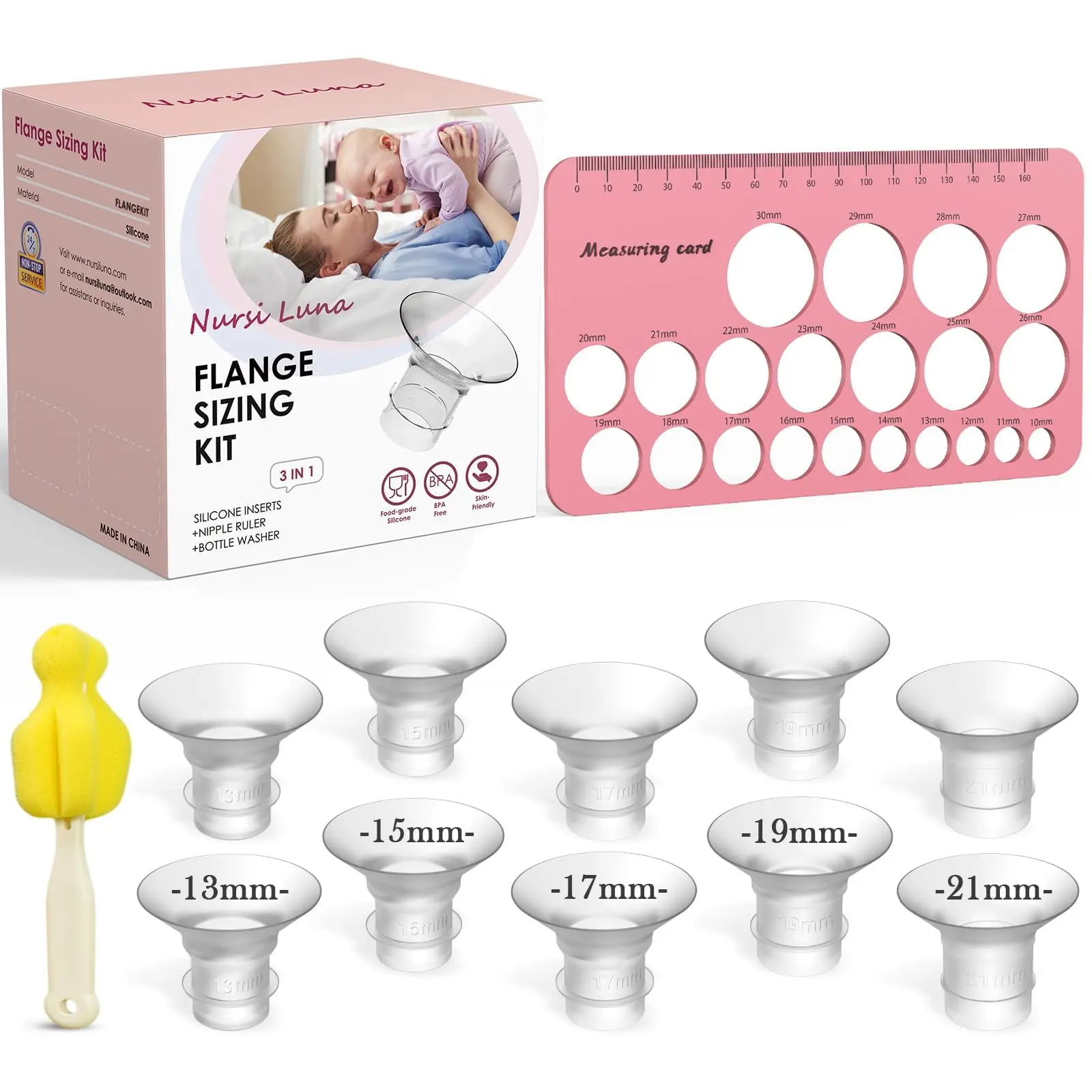 3-in-1 Flange Sizing Kit with 10PCS 13/15/17/19/21mm Inserts and Baby Bottle Brush for 24mm Flange or Shield