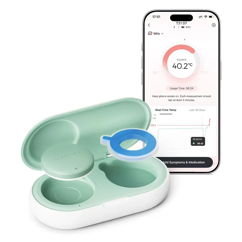 Momcozy Termometro Neonato, Termometro Digitale Intelligente Indossabile con Alta Precisione, Monitoraggio Temperatura in Tempo Reale tramite App, Cerotto Ipoallergenico 3M per Neonati e Bambini