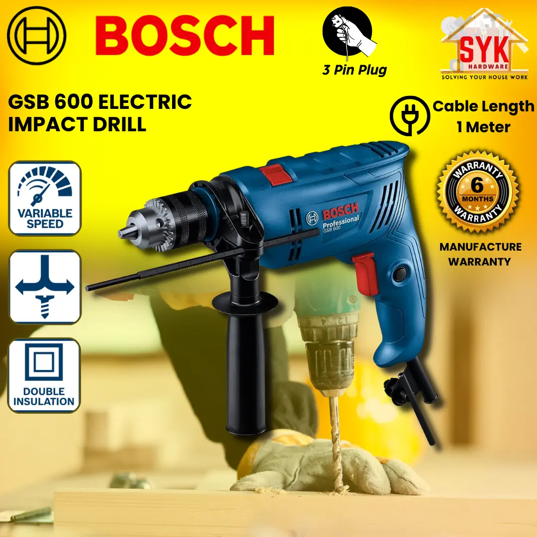 Perceuse à percussion électrique BOSCH GSB 600 SYK, mandrin 13 mm, 600 W, pour béton et bois, réf. 06011A03L0