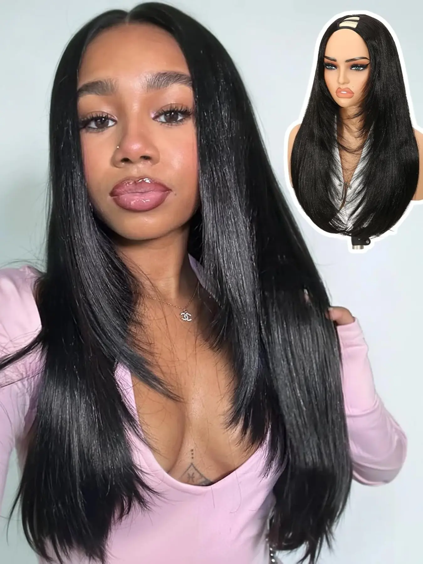 Women Yaki Straight Layered U Part Wig, V Part Glueless Clip-In Half Wig, Glueless Straight Wigs, Heat-Resistant Wig, Realistic Natural Look, Heat-Resistant Synthetic Hair