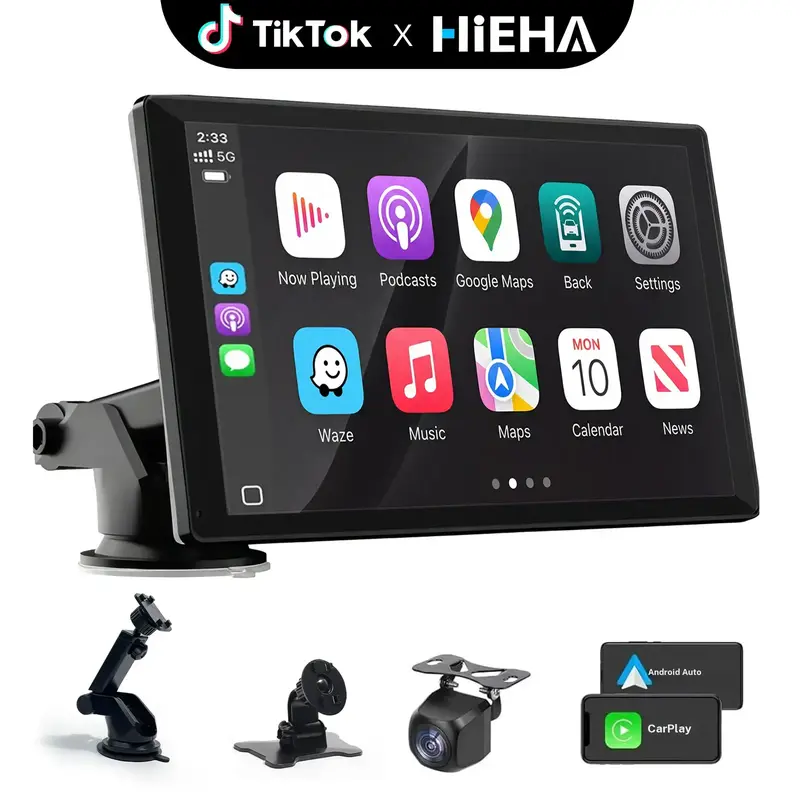 Radio portátil HiEHA de 7 pulgadas para automóvil con pantalla táctil, CarPlay inalámbrico, navegación GPS, Android Auto, MirrorLink, Siri, Bluetooth, transmisor FM y AUX
