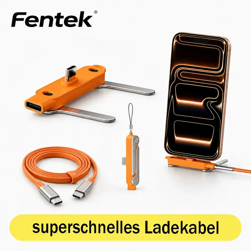 Fentek 240 W Fast-Charging USB-C Cable with 360° Rotating Stand, Detachable 2-in-1 Connector, Compatible with iPhone 15–17 and Android Smartphones