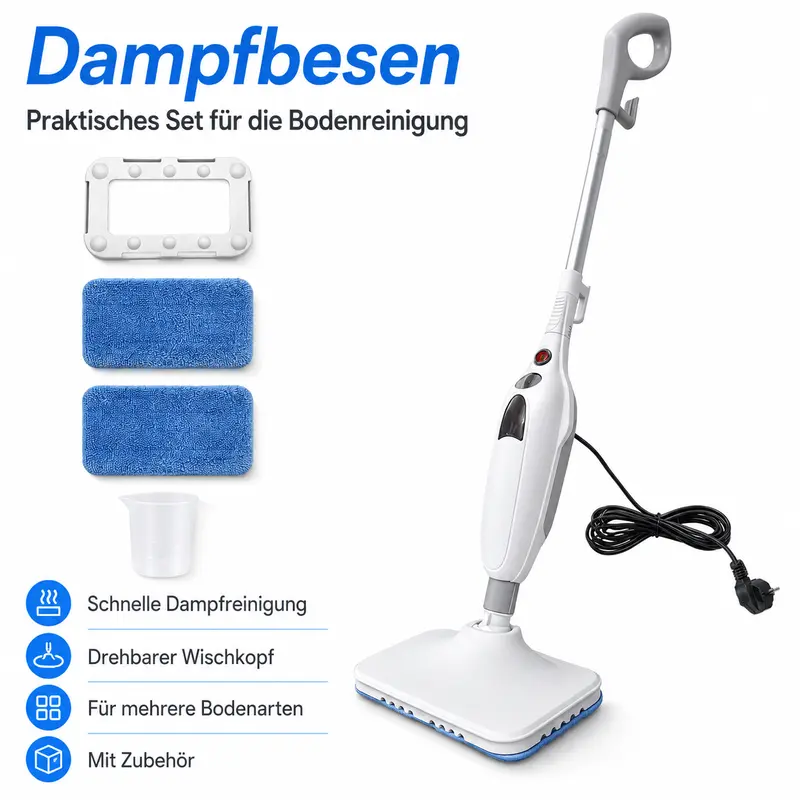 (Envío gratis) Mopa de vapor MAWIRON de 1500 W para limpieza profunda a 108 °C en todo tipo de pisos, depósito de 400 ml, cable de 1,5 m, 2 almohadillas de microfibra y eliminación de hasta el 99,9 % de los gérmenes